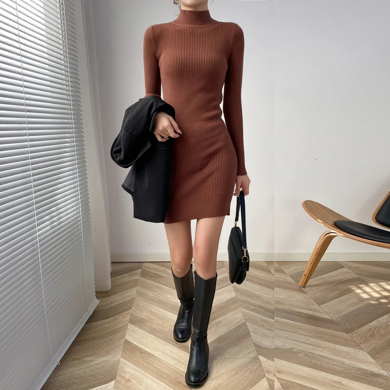 HELIAR Women Mock Neck Solid Slim Sweater Dress Long Sleeve Knit Sexy Bodycon Dress Basic Casual Dress for Women Autumn Winter 250806