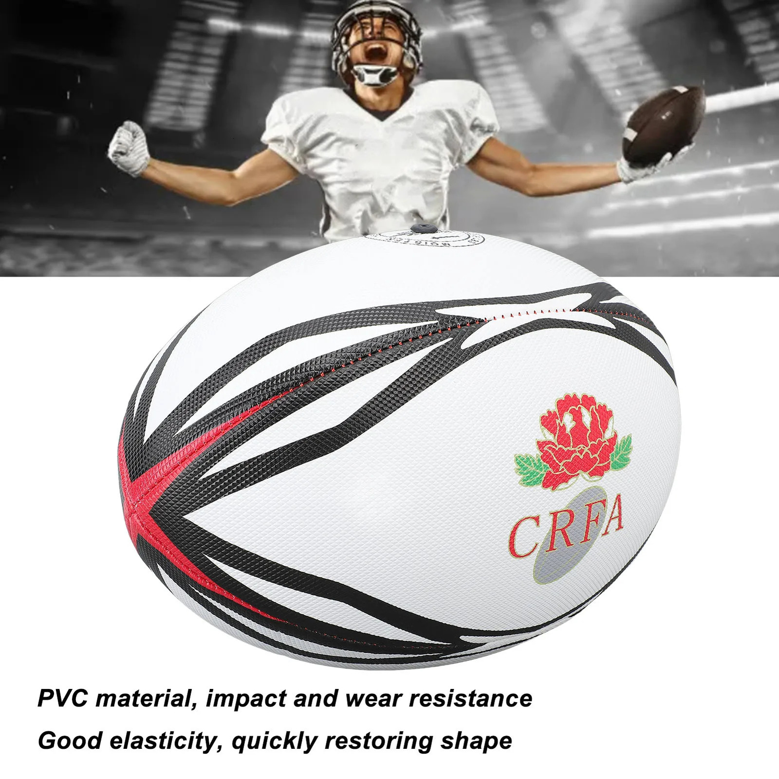 PVC Rugby Ball Number 9 Inflatable Practice High Elasticity for Match and Daily Training White 250729