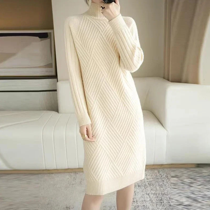 Abrini Autumn Winter Women Wool sweater Dress Mock Neck Ribbed Solid Knit Dresses Elegant Lady Party Bottoming Cashmere Vestidos 250806