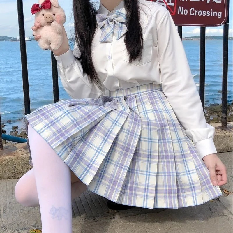 Starlight LongShort sleeve Summer High Waist Plaid Pleated Skirt Dress JK School Uniform Students Girls Clothes 250729