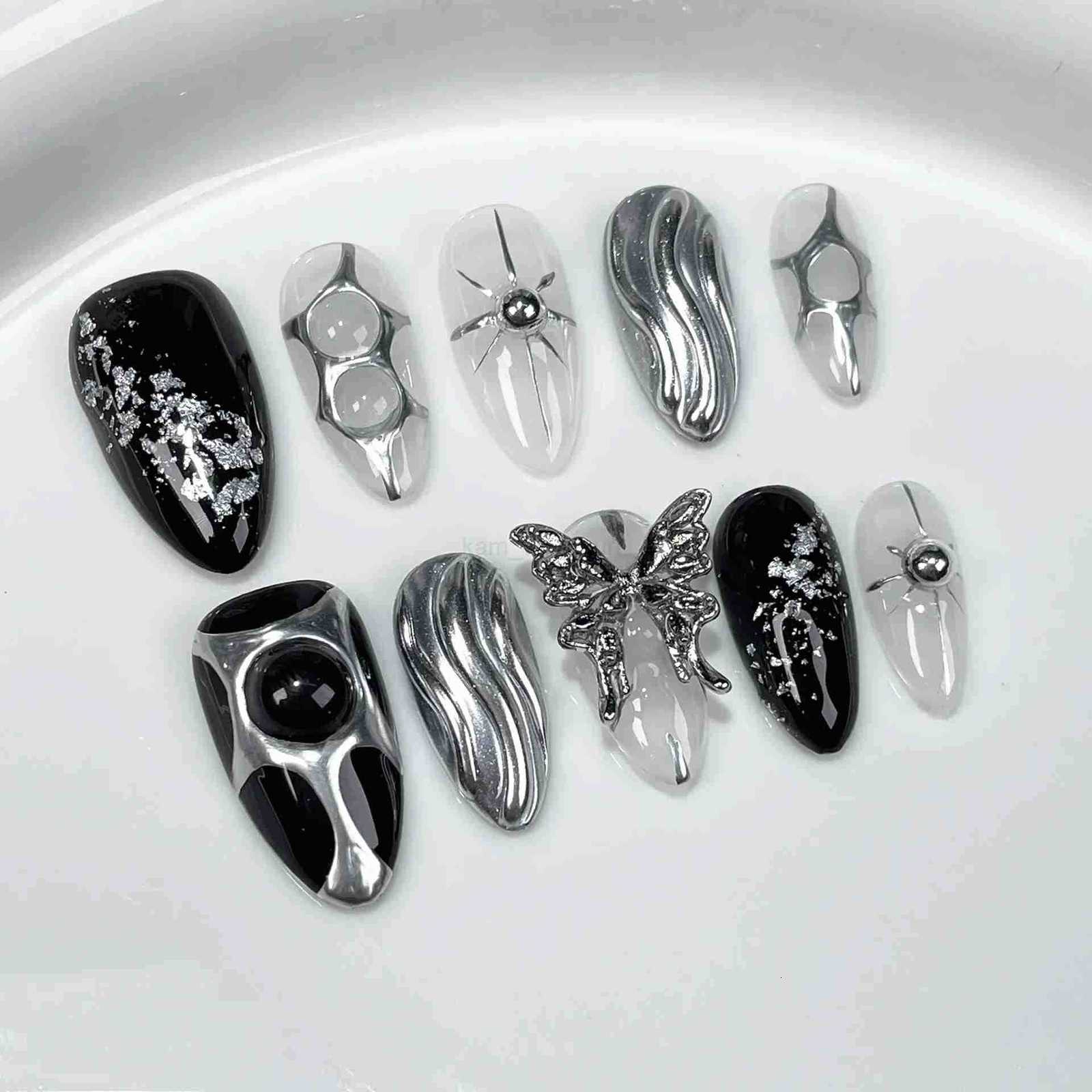10Pcs Metallic Almond Handmade Fake Nails with Glue Sweet Cool Gel Nail Press on Dark Color Full Cover False Manicure Nail Tips M250807