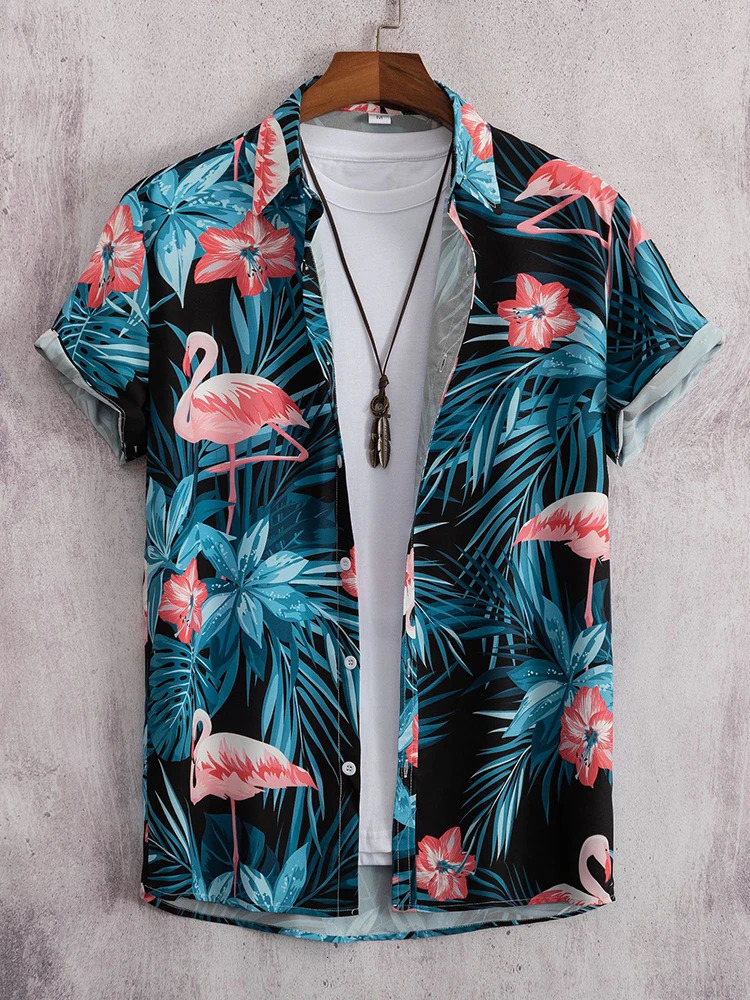 2023 Hawaiian Shirt Men Fashion Flower Geometric Printed Blouse Singlebreasted Beach Short SleeveTops Mens Holiday Clothing 250807