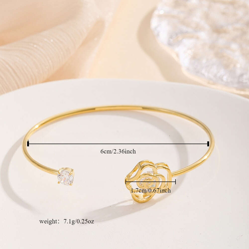 Versatile Style Women's with Rose Flower, Copper Inlaid Zirconia Adjustable Open Bracelet