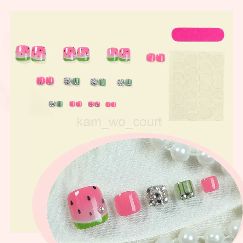24pcs Colorful Painted Watermelon Fake Toenails Little Fresh Summer Beach Wearable False Toenails Shiny Diamond Press On Toenails M250807