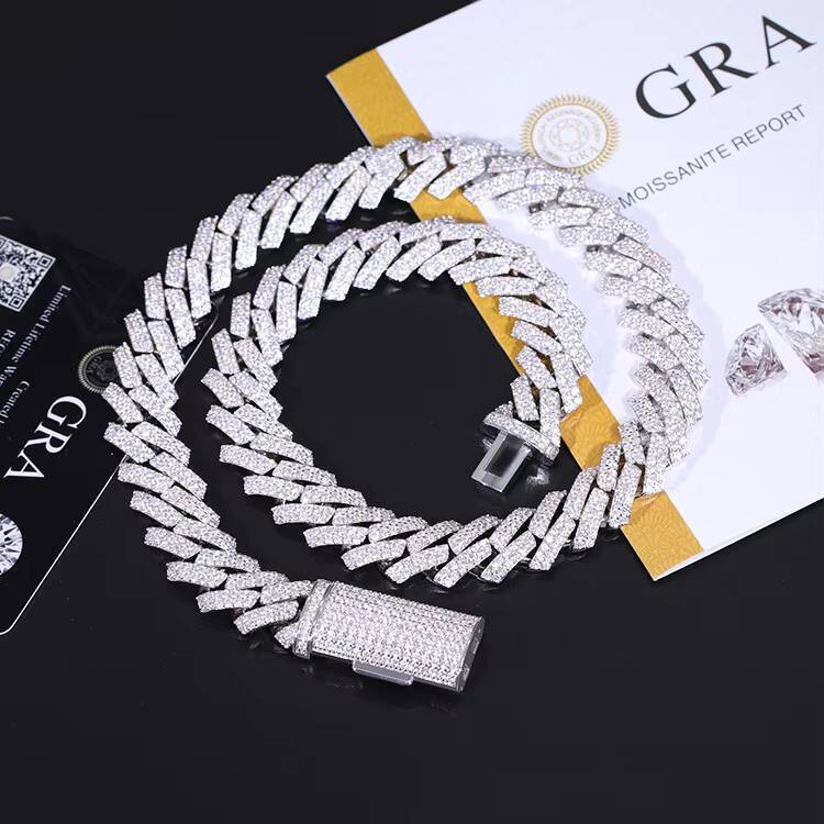 Customized Luxury 15mm 2rows S925 Silver Cuban Chain Necklace Passed Diamond Tester Bling Vvs Moissanite Iced Cuban Link Chain
