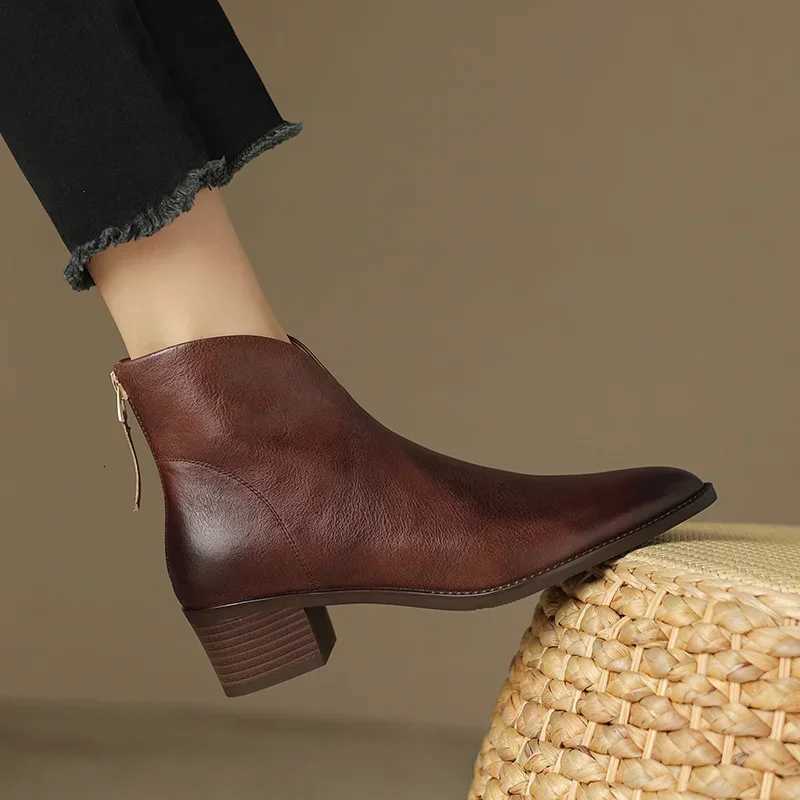 Women Pointy Brown Ankle Boots High Heels Shoes Woman Vintage Chelsea Boots Autumn PU Leather Femme Mid-heel Stubby Ankle Boots XJ250807