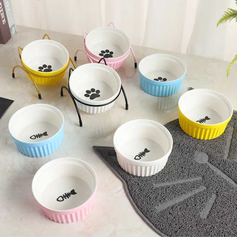 Pet Ceramic Bowl Kitten Puppy Ceramic Bowl Water Feeder Cat Food Feeding Dish Dispenser with Raised Stand Cat Accessories Y250806
