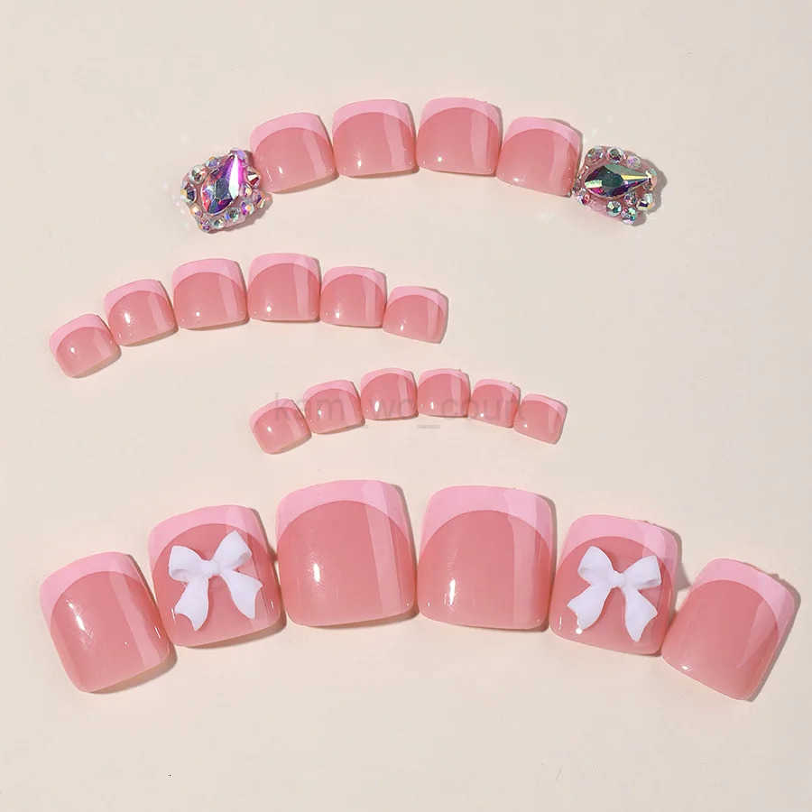24pcs French Pink False Toenails White Bow Design Summer Press On Nails for Feet Wearable Square Fake Nails Patch Manicure Set M250807
