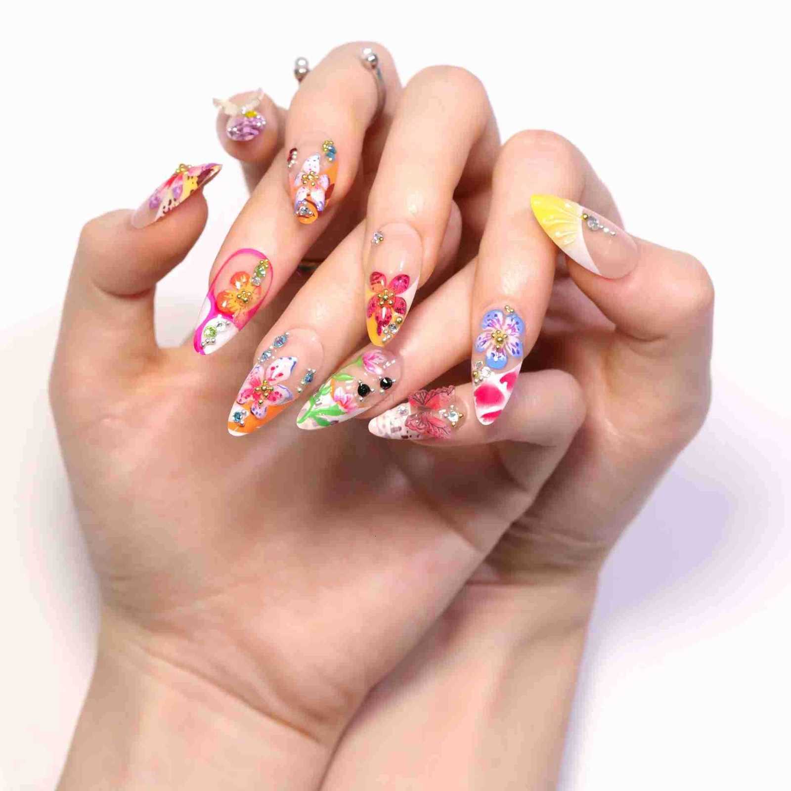 24pcs Tropical Flower Press On Nails Colorful French 3D Crystal Butterfly Shell Pattern Printed False Nails Almond Fake Nails Z250807