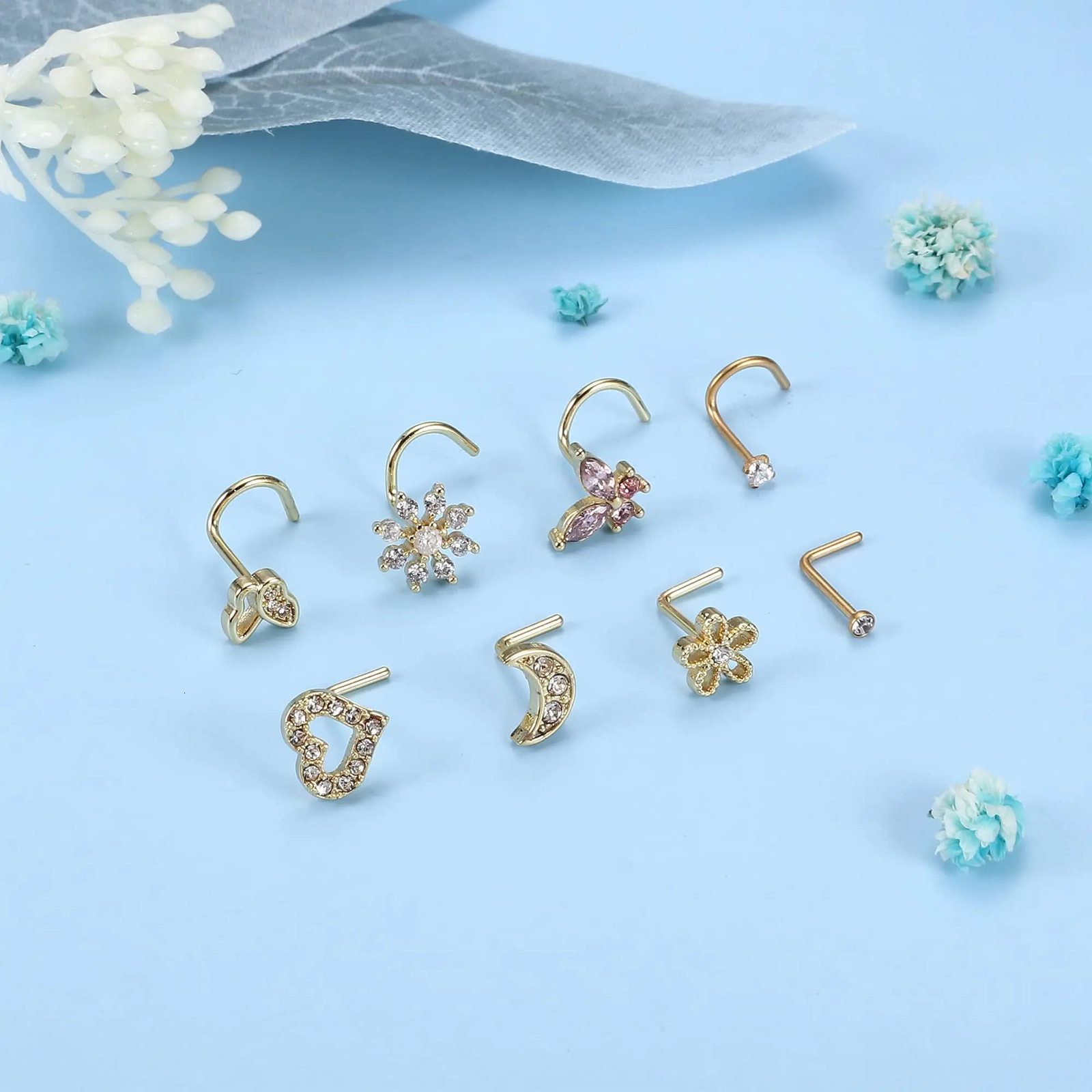 Drperfect Nose Rings Studs for Women Steel 20G Nose Hoop Corkscrew L Shaped Nose Stud Nose Ring Nose Piercing Jewelry 250805