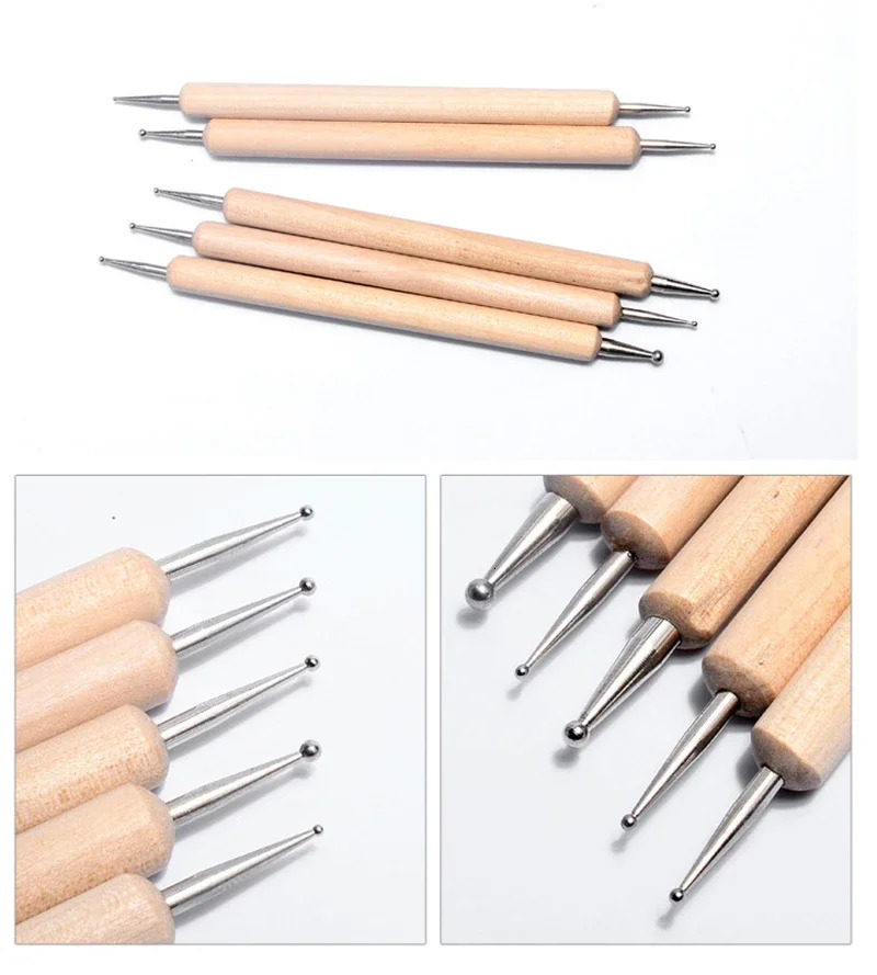 5pcs Nail Art Dotting Tools Rhinestones Picker Wood Handle Double Head for Nails Painting Manicure Accessories NAB010 250805