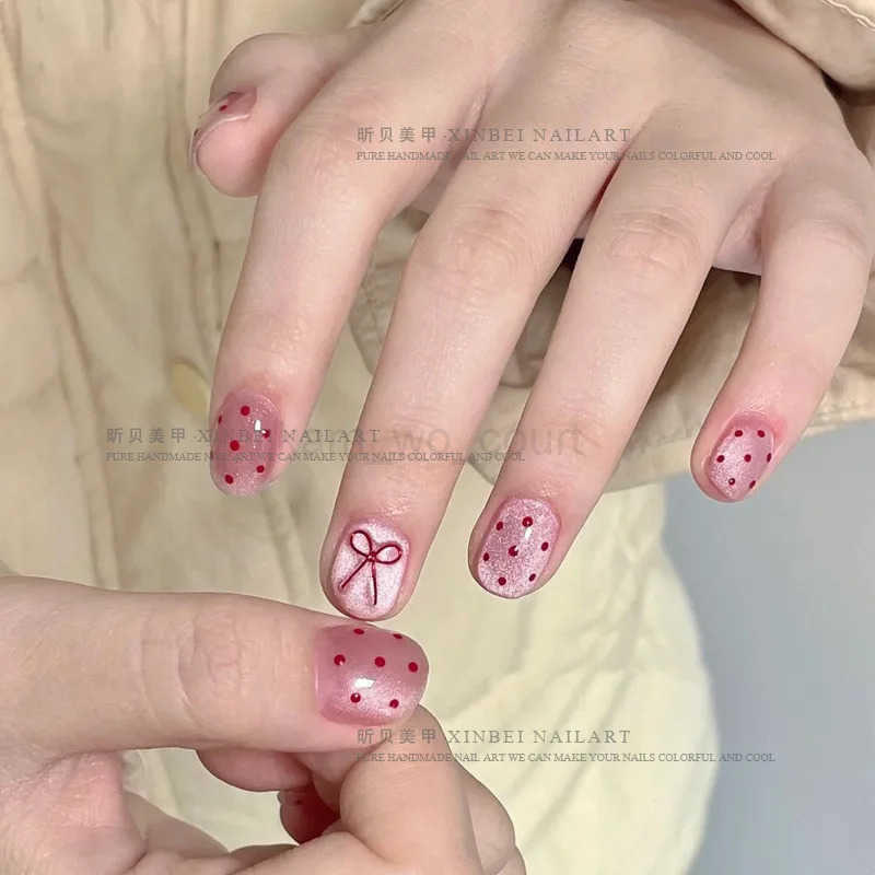 10pcs Ballet Short Nail Tips Set - Glossy Finish Polka Dot Solid Color Designs with 3D Bow Accents Nail Art for Women and Girls M250807