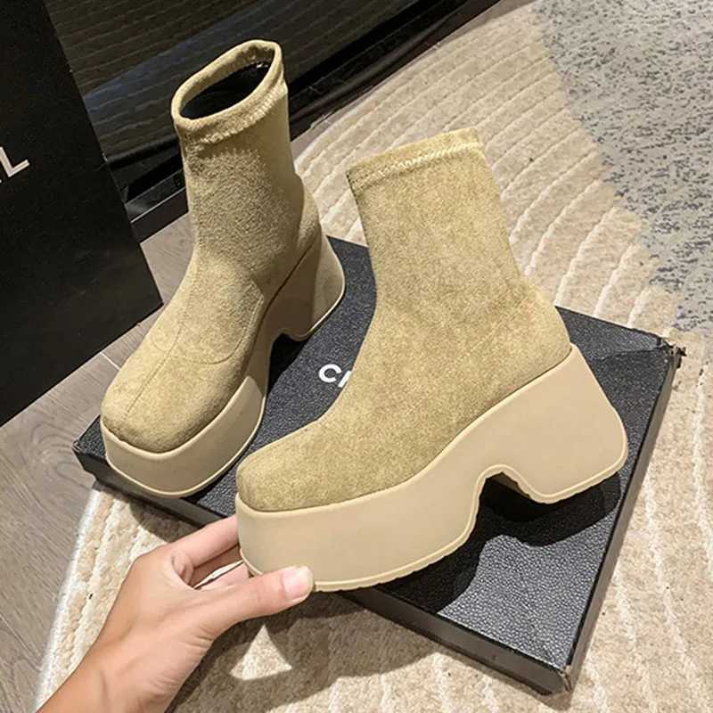 Womens Platform Boots Spring Autumn Suede Fi Ankle Boots Elastic Slip Women Shoes Casual Solid Chunky High Heel Ankle Boots XJ250807