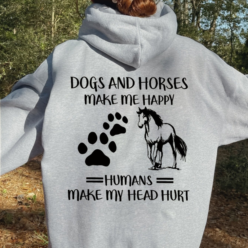Ladies casual hoodie, dog and horse pattern drawstring hat, long-sleeved scratch hoodie