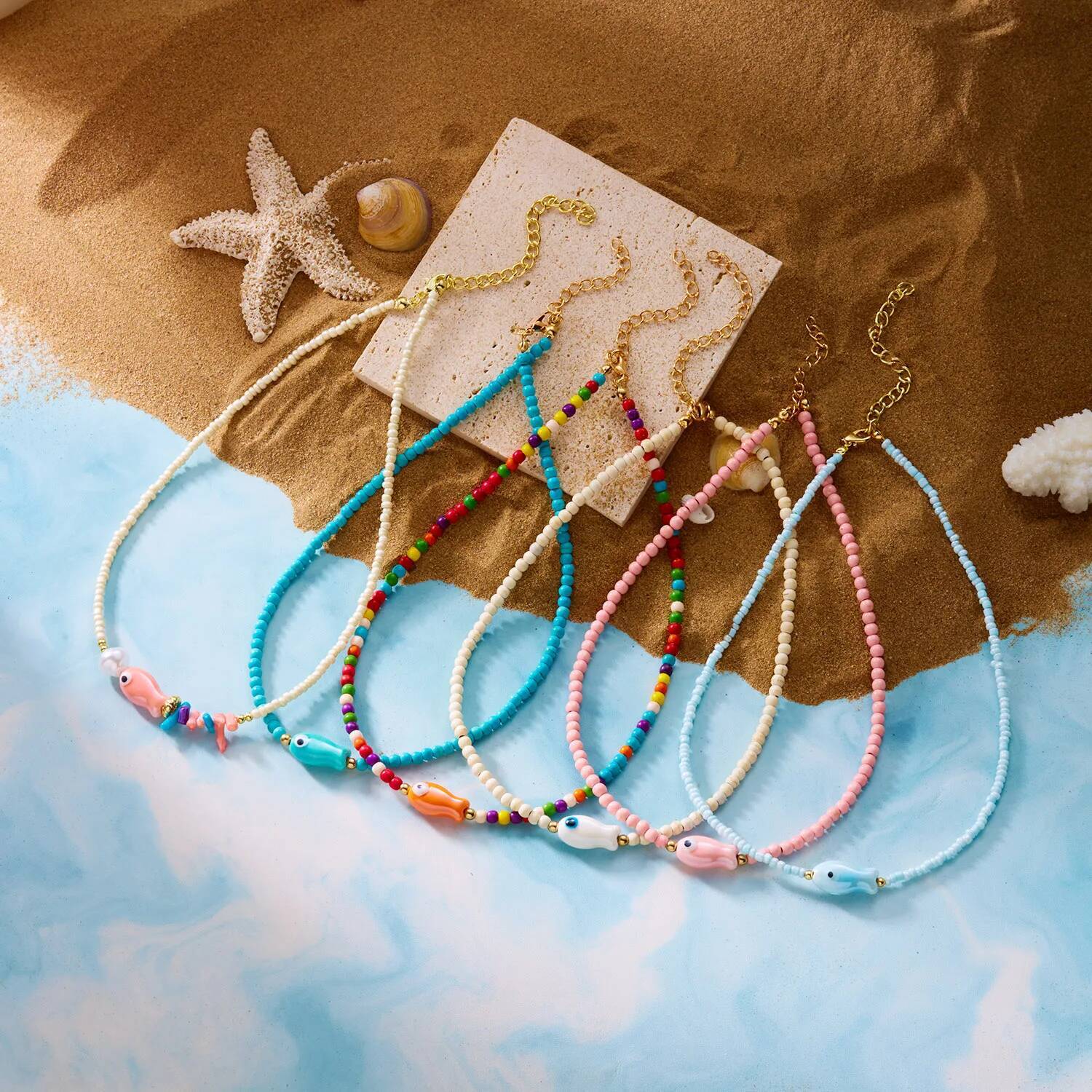 Bohemian Handmade Colorful Ceramic Fish Beaded Necklace for Women Unisex Rice Beads Choker Summer Beach Party Jewelry Gift Jewelry for Women