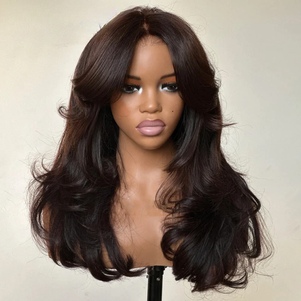 Ready to Wear Human Hair Wigs 13x4 Lace Closure Wig Dark Brown Color Layered Wig With Bangs Wavy 360 Glueless Wig Synthetic