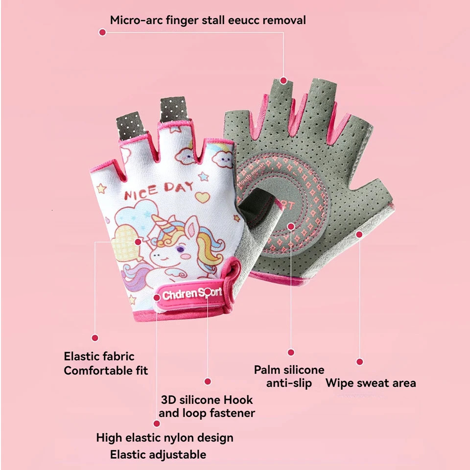GTUBIKE Childrens Gloves Protective Hand Sports Cycling Half Finger Breathable Cute Doodle Dinosaur Unicorn For 312 Years Old 250729