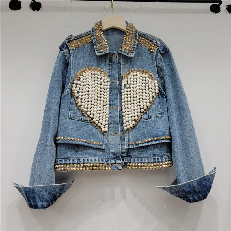 Heart Rivets Diamonds Denim Bomber Coat Love Shaped Spring Pearls Beads Jeans Jacket Rhinestones Cowboy Cardigan Crystal Tops 250804