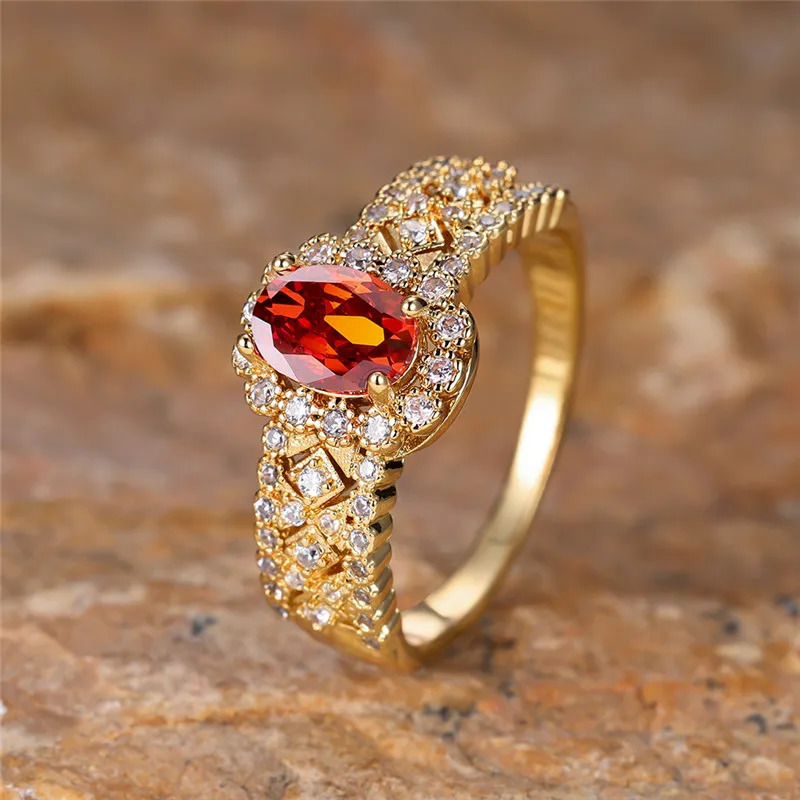 Red Crystal Oval Stone Ring White Zircon Engagement Band Yellow Gold Color Bridal Rings For Women July Birthstone Jewelry 250730