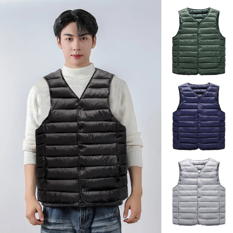 5Xl Basic Style White Down Vest Men Ultra Light Down Vest Portable V-Neck Sleeveless Coat Man Winter Warm Liner Black Green 250804