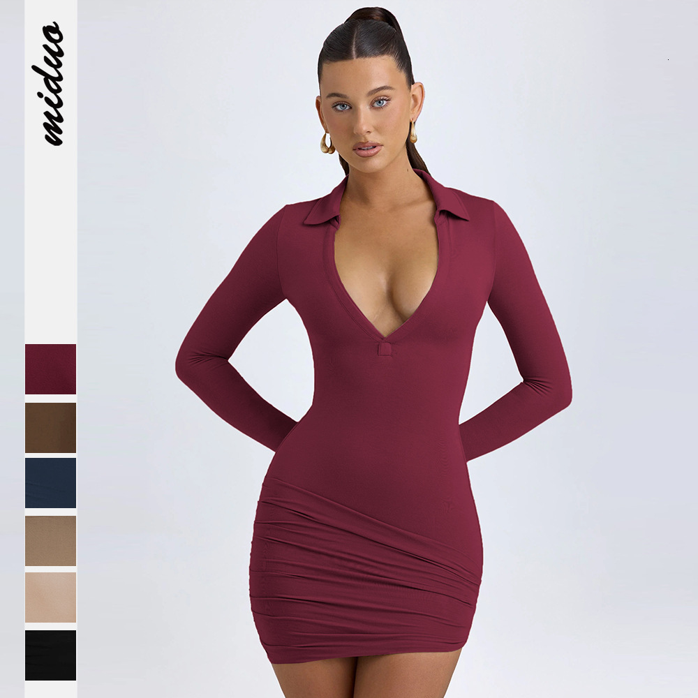 Y2K Sexy Solid Color Deep V Design Turn-Down Collar Long Sleeve Pure Desire Style Slim Fit Bodycon Mini Dress