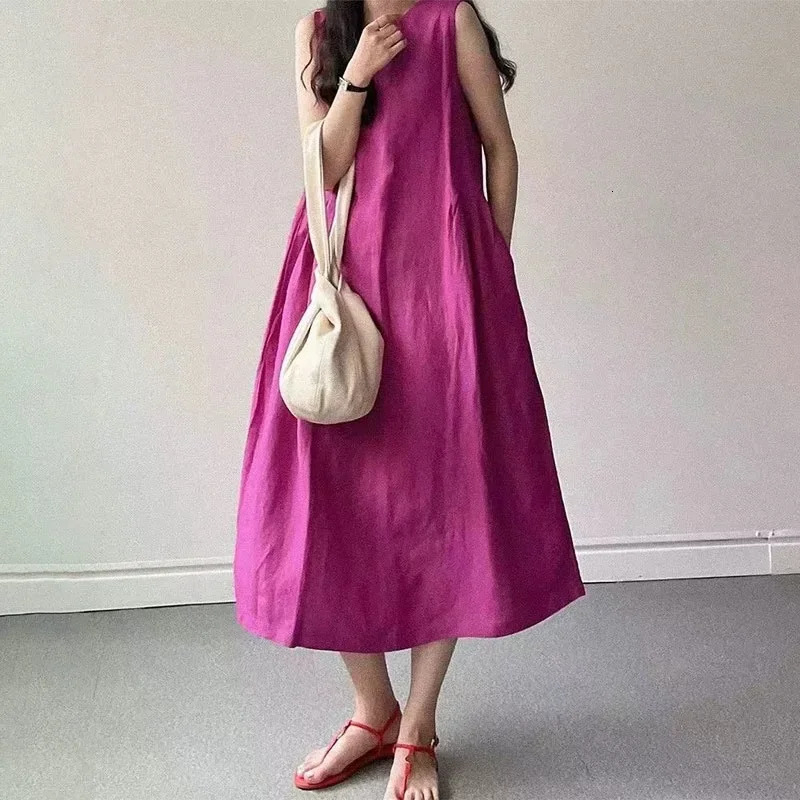 Minimalist Summer Lazy Style round Neck Long Oversized Sleeveless Dress Maxi Comfortable Loose Fit VNeck KneeLength Dres 250807