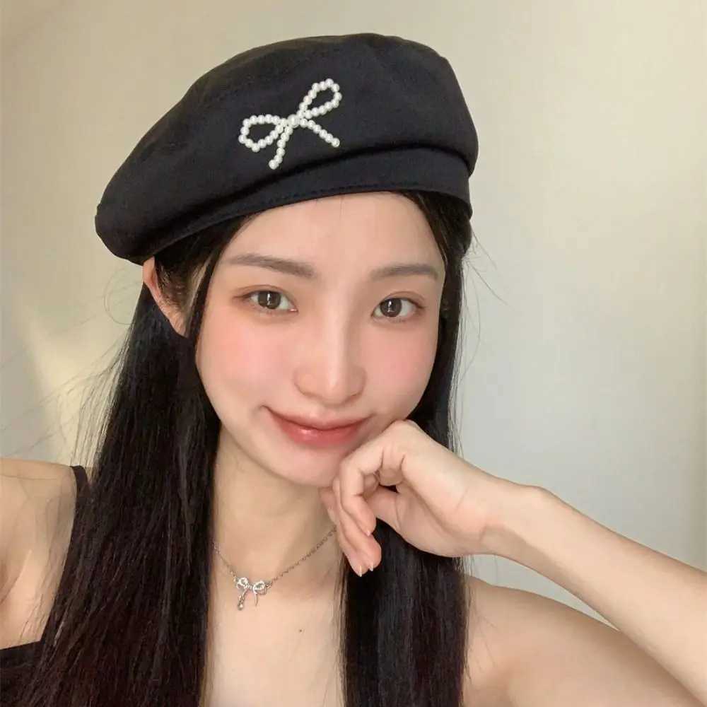 Fashion Pearl Bow Beret Solid Color Y2K Style Girl Women Octagonal Hat Korean Style Newsboy Painter Hat Streetwear XJ250807