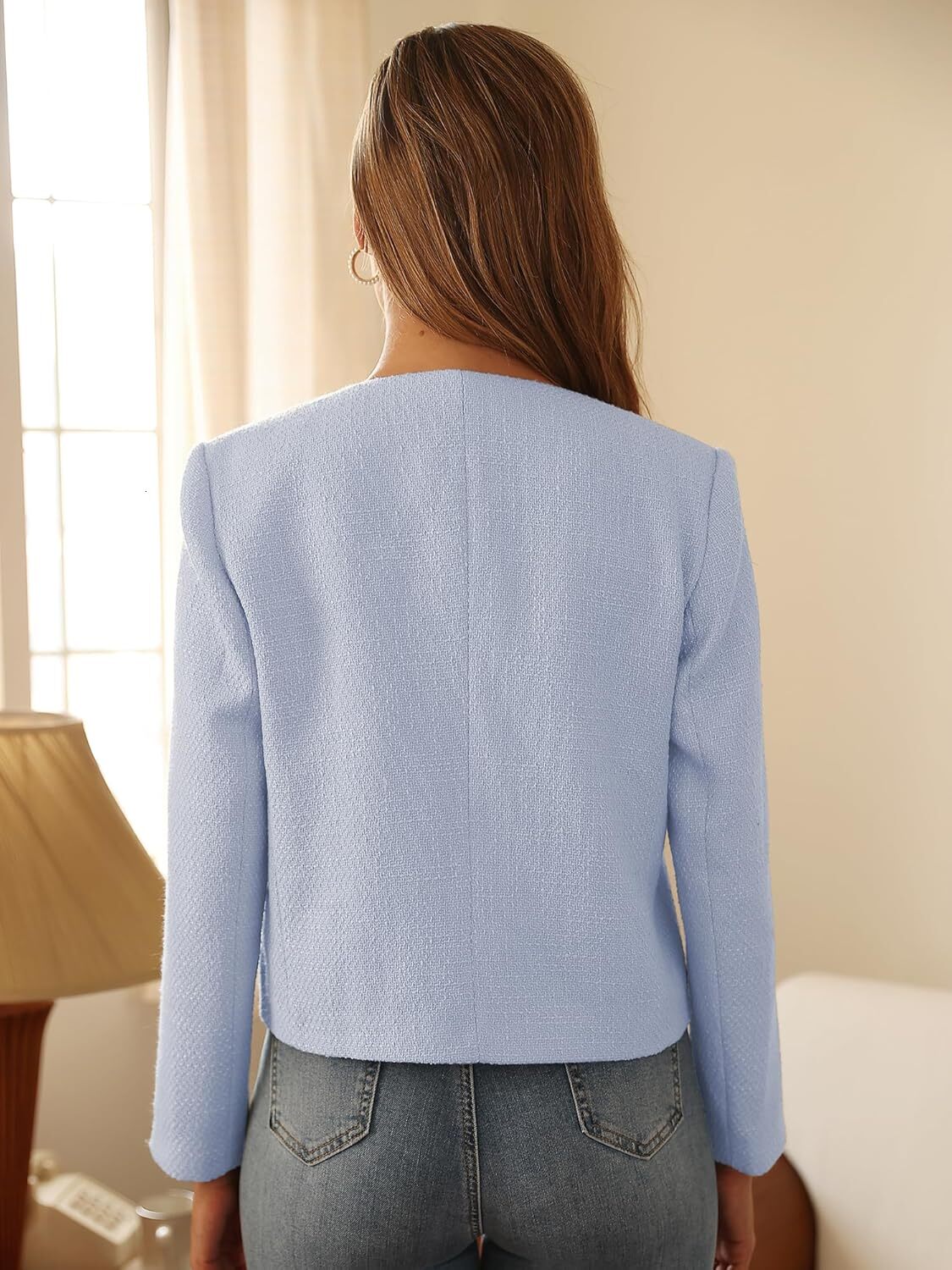 Women Tweed Jacket Cropped Blazers Spring Summer Elegant Round Neck Pockets Business Casual Outfit