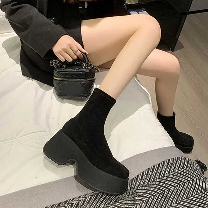 Womens Platform Boots Spring Autumn Suede Fi Ankle Boots Elastic Slip Women Shoes Casual Solid Chunky High Heel Ankle Boots XJ250807