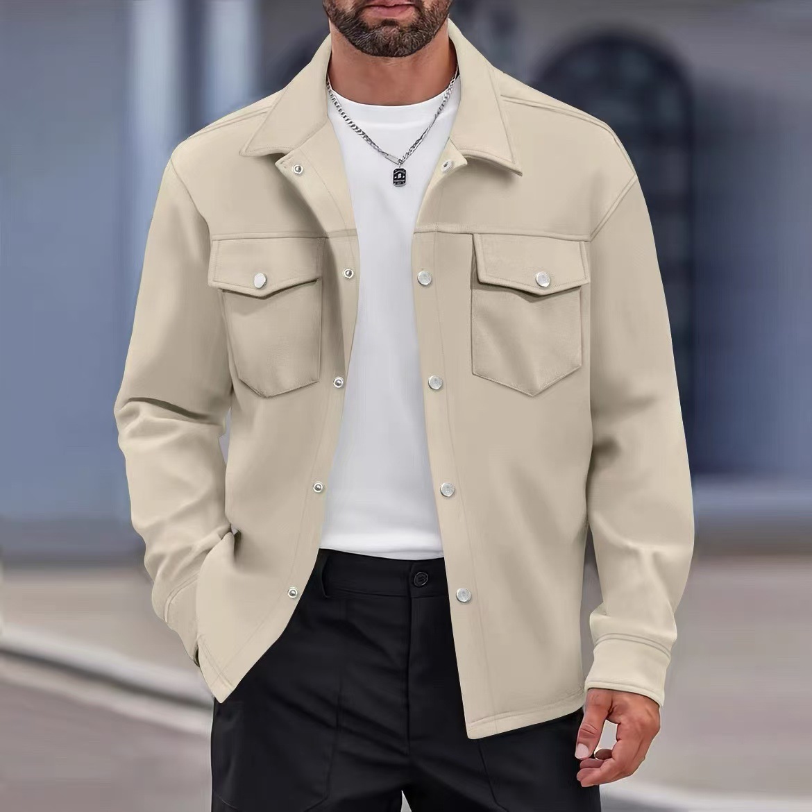 European and American casual solid color men's jacket trend fashion all-match lapel double pocket slim jacket men