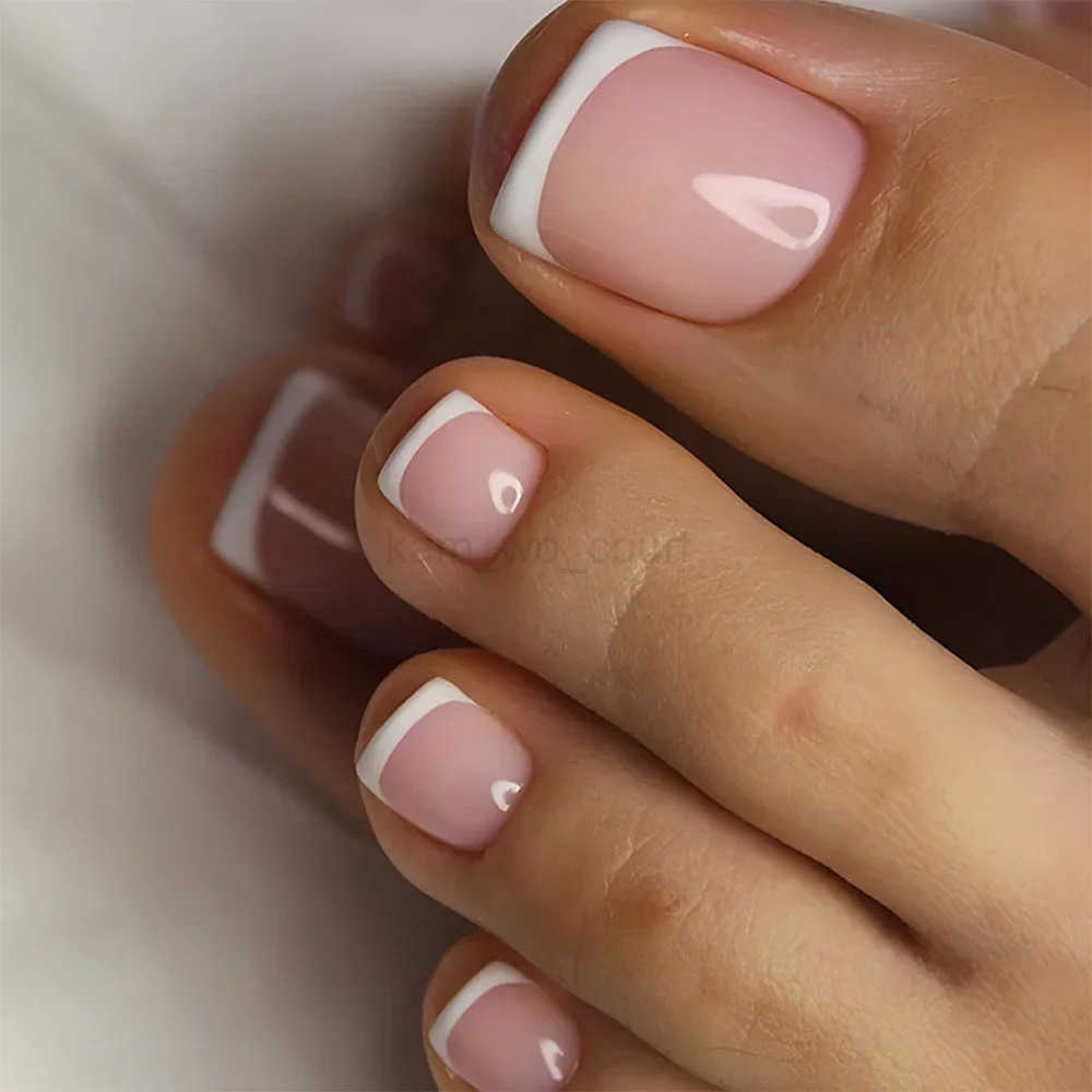 24Pcs French Design Fake Toe Nails Press on Toe Nails Summer False Nails Acrylic Reusable Toe Nails Decorated Nails With Tool Kit M250807