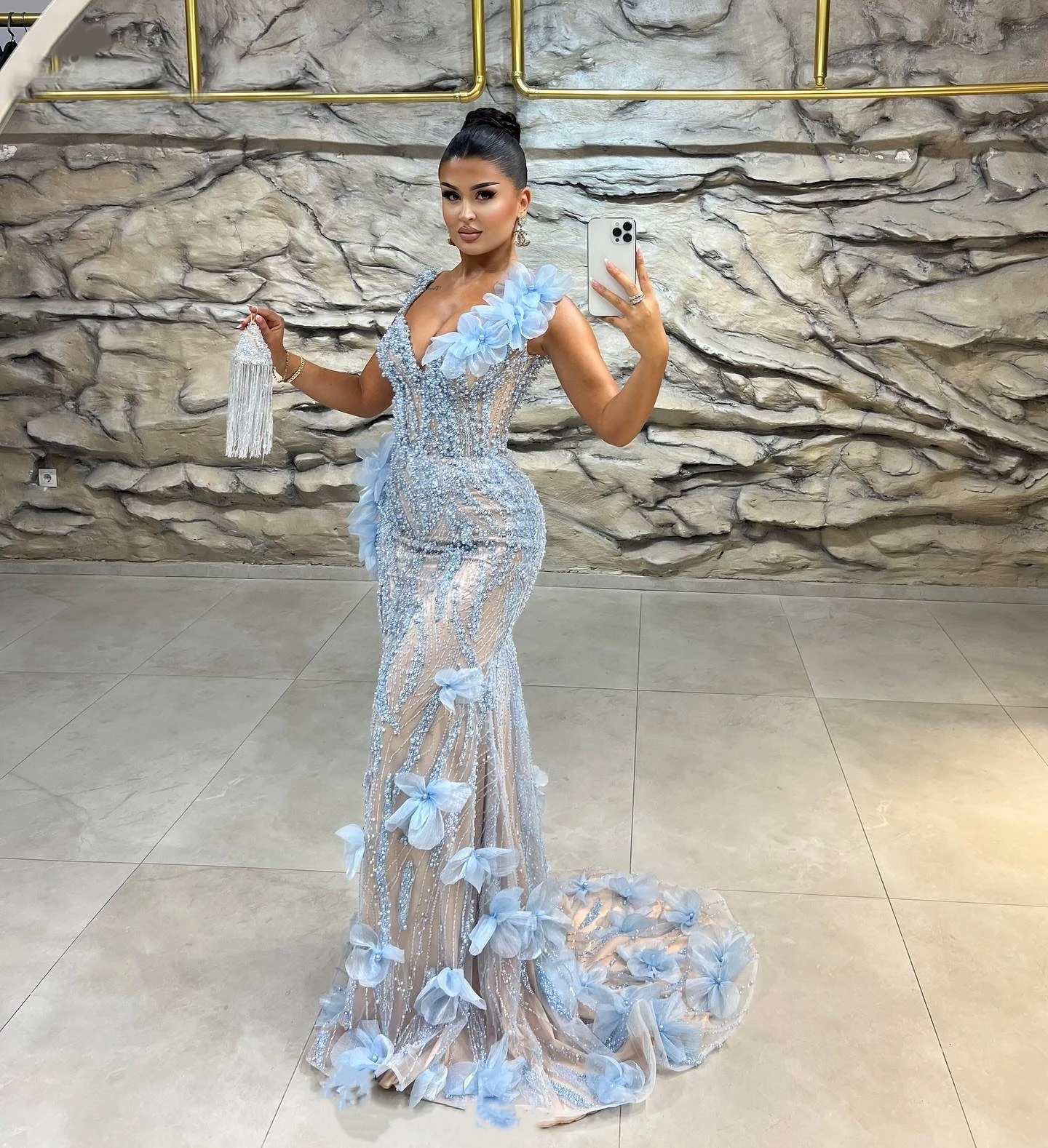 Graceful Evening Dresses Pearls Ruffle Flowers Prom Dress Beading Sleeveless Backless Mermaid Sweep Train Party Gowns Vestidos De Noche Plus Size