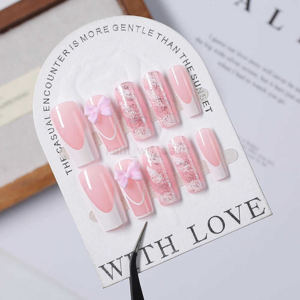 24Pcs Pink Bowknot French Fake Nails Patches 3D Pink Glitter Bow Long Coffin French False Nails Full Cover Acrylic Press-on Nails M250807
