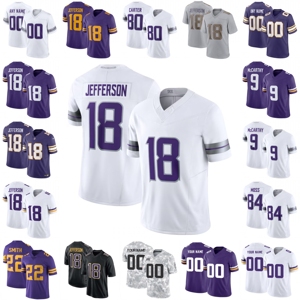 J.J. McCarthy 3 Addison Justin Jefferson Football Jersey Aaron Jones Turner TJ Hockenson Harrison Smith Adrian Peterson Randy Moss CJ Ham Christian Darrisaw Murphy