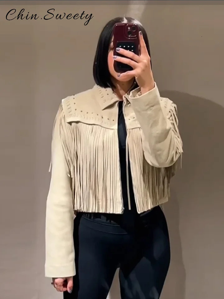 Casual Retro Tassels Beading Short Jacket Women Loose Solid Lapel Full Sleeve Zipper Coats 2025 Spring Lady High Street Coat 250804