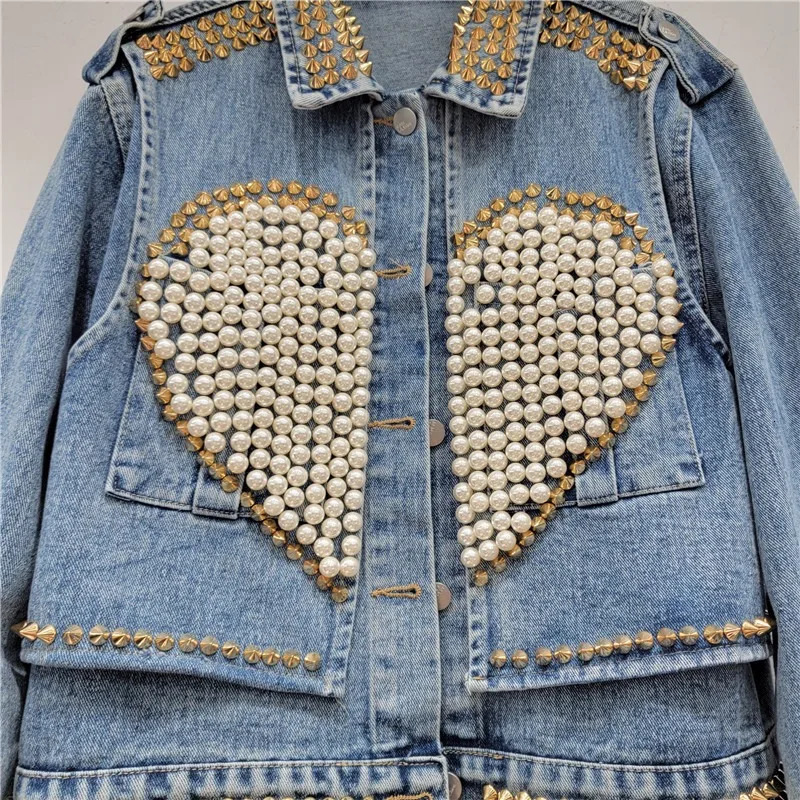 Heart Rivets Diamonds Denim Bomber Coat Love Shaped Spring Pearls Beads Jeans Jacket Rhinestones Cowboy Cardigan Crystal Tops 250804