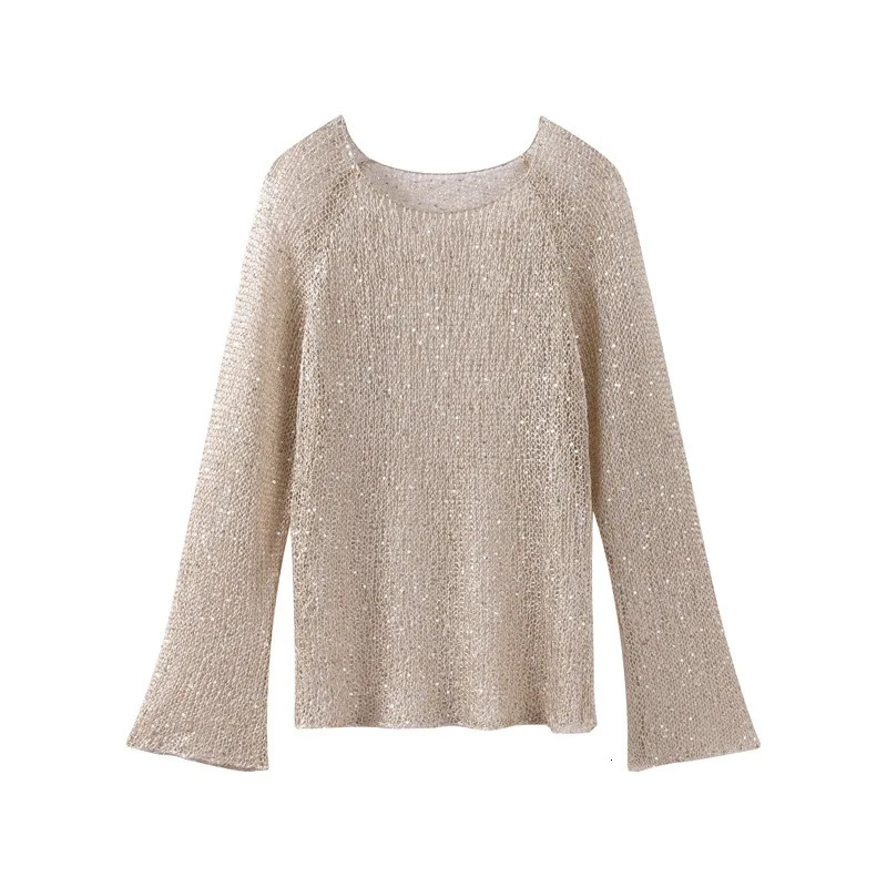 Sequins Hollow Out Pullovers Women Loose O-neck Long Sleeve Knit Sweaters Female Spring Shinny Chic Evening Shirts Lady 250801
