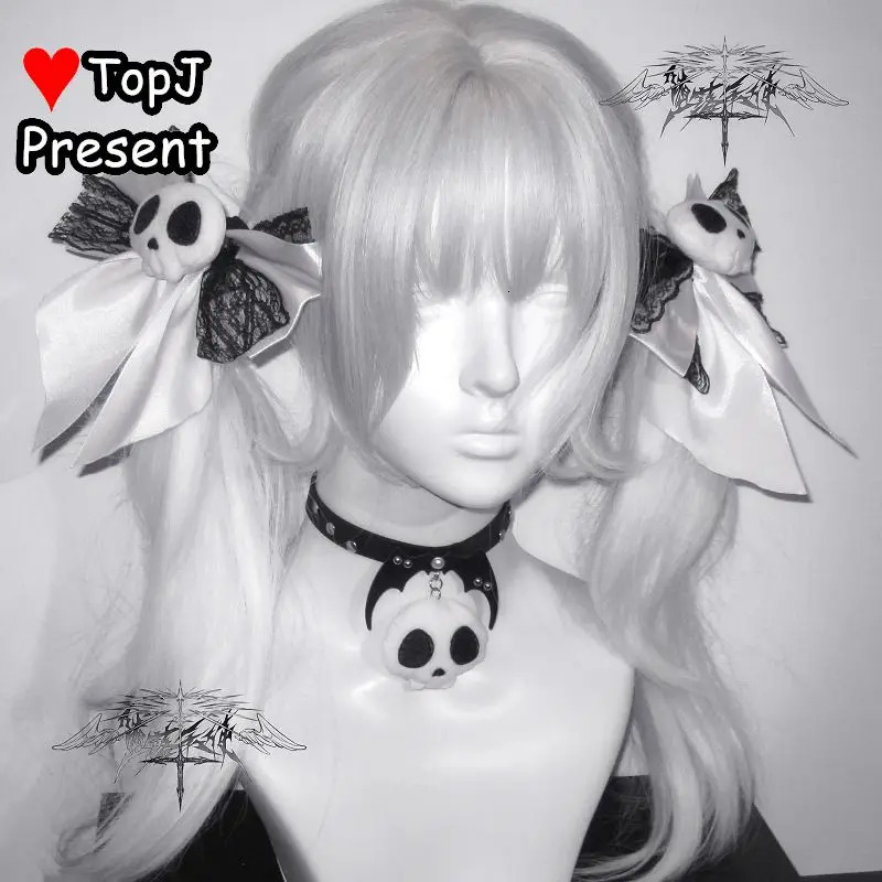 Subculture Women's Gothic Lolita Harajuku Y2K Girl fluffy Skull head Bow Christmas Gift Hairpin Clip Pins Hair accessorie choker 250730