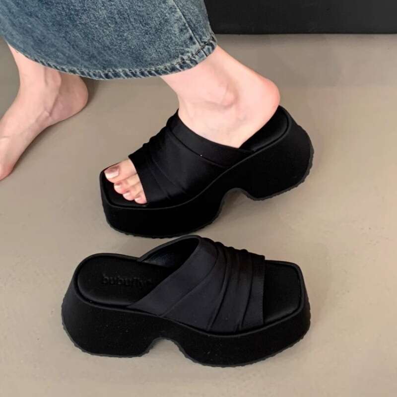 Leopard Print Wedge Sandals for Women Summer 2025 New Style Outdoor Waterproof Platform Thick Sole Ruched Open Toe High Designer shoes Heel Slippers