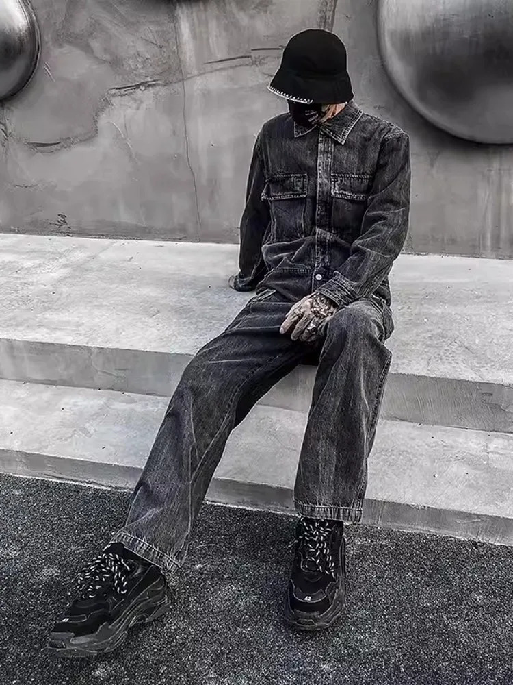 Fashion Mens Jumpsuit Long Sleeve Multi Pockets Cargo Pants Hip Hop Men Spring Autumn Overalls Vintage Denim 250804