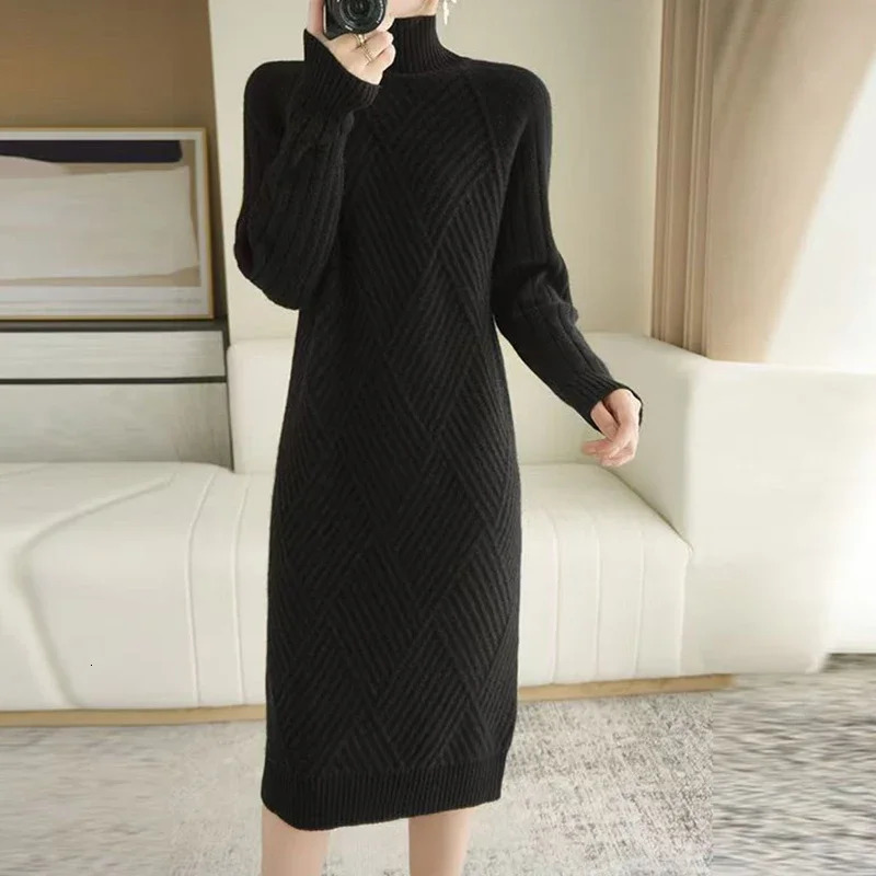 Abrini Autumn Winter Women Wool sweater Dress Mock Neck Ribbed Solid Knit Dresses Elegant Lady Party Bottoming Cashmere Vestidos 250806