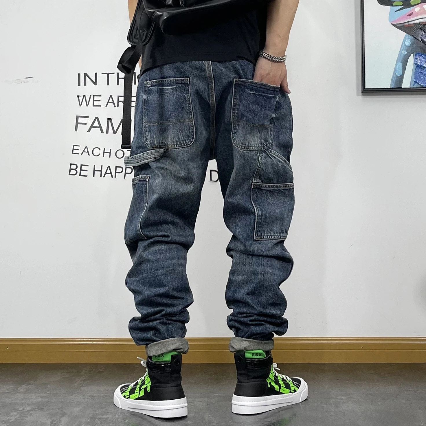 American Fashion Hip Hop Cargo Jeans Streetwear Skateboard Harem Trousers Men Clothing Japanese Harajuku Denim Casual Pants Male 250805