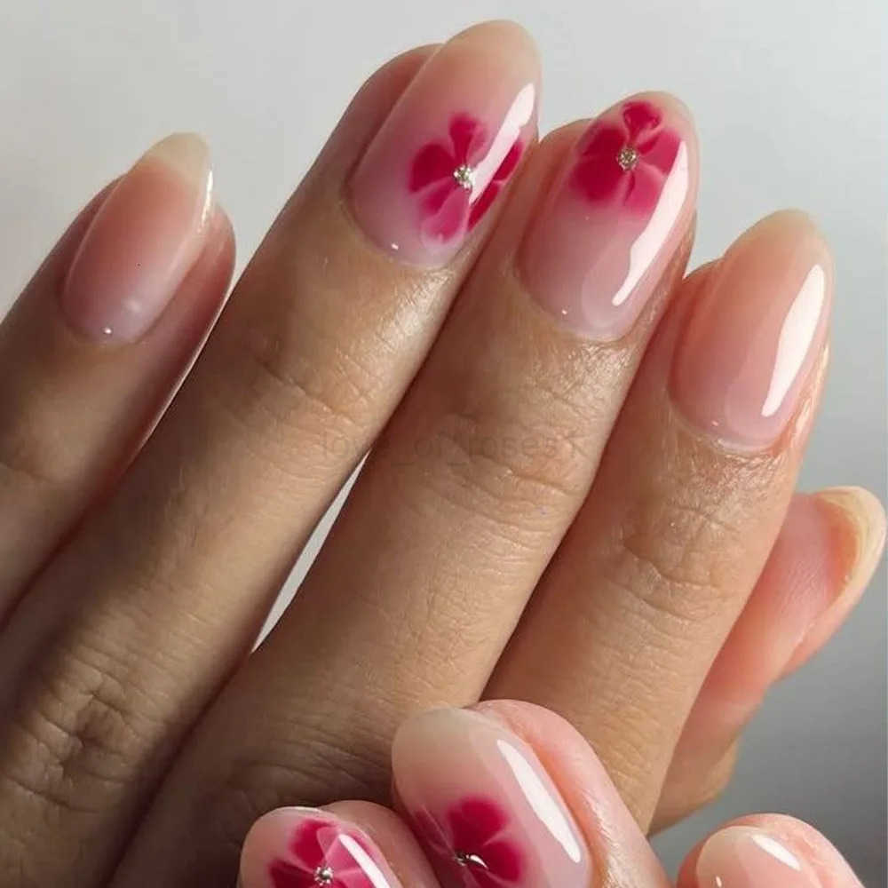 24pcs Red Almond Press-on Nails Flower Pattern False Nails Wearable Stick-on Nail Fake Nails Uas Postizas Nail Tips Z250807