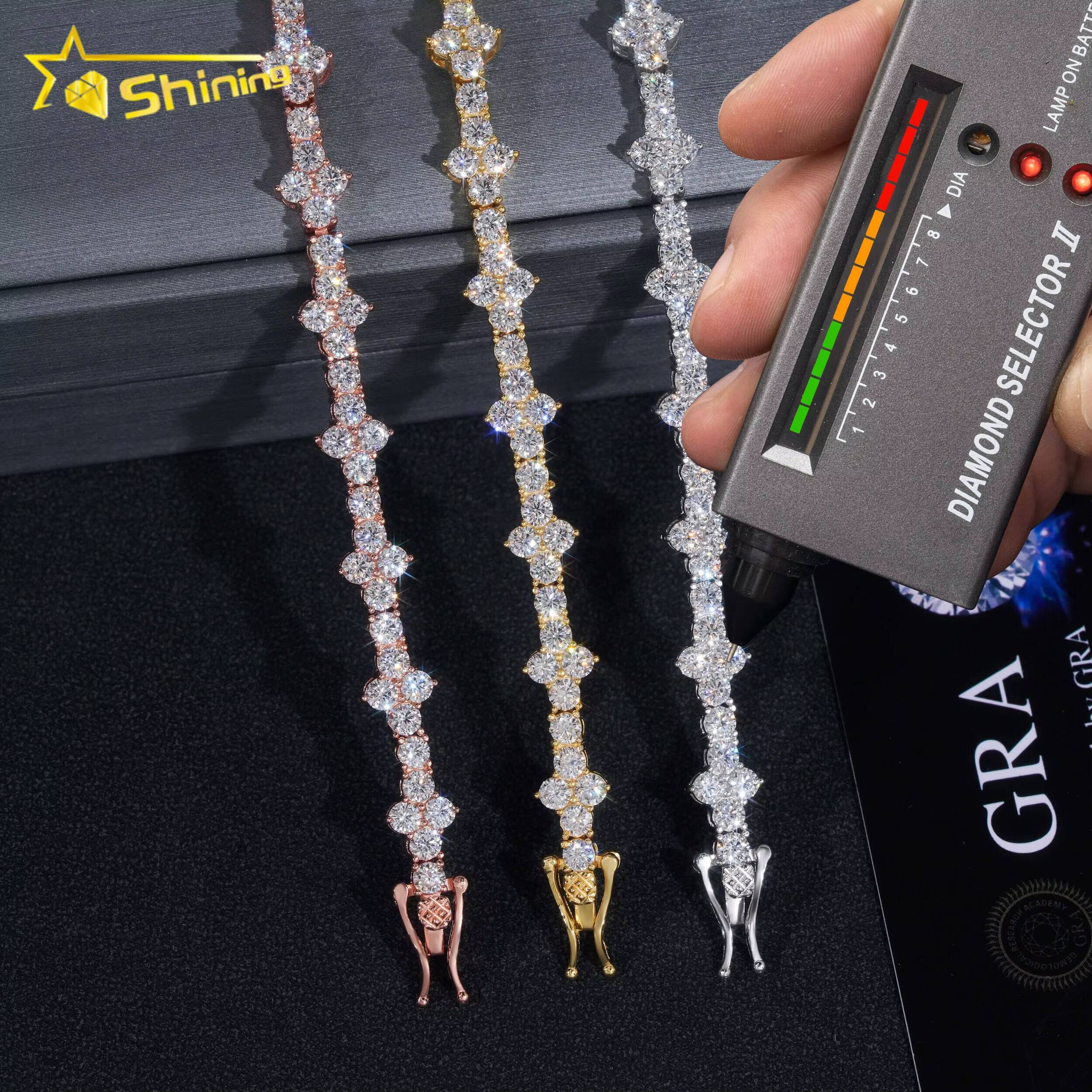 Stylish New Arrival Fashion Femme Design 925 Silver VVS Moissanite Diamond Iced Out Four Leaf Clover Cross Tennis Chain Bracelet