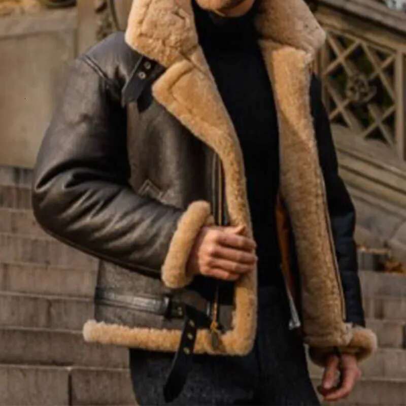 Men's Winter Men Faux Fur Jackets Solid PU Leather Warm Long Sleeve Fashion Soft Streetwear Coat Casual Thicken Outwear
