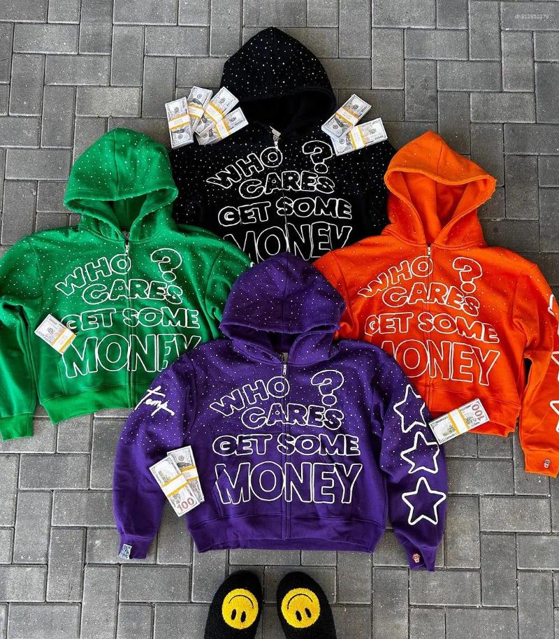 Men's Hoodies Cares Get Some Money Applique Printed Zip Hoodie Womens Graphic Sweatshirt Retro Streetwear Casual Hooded
