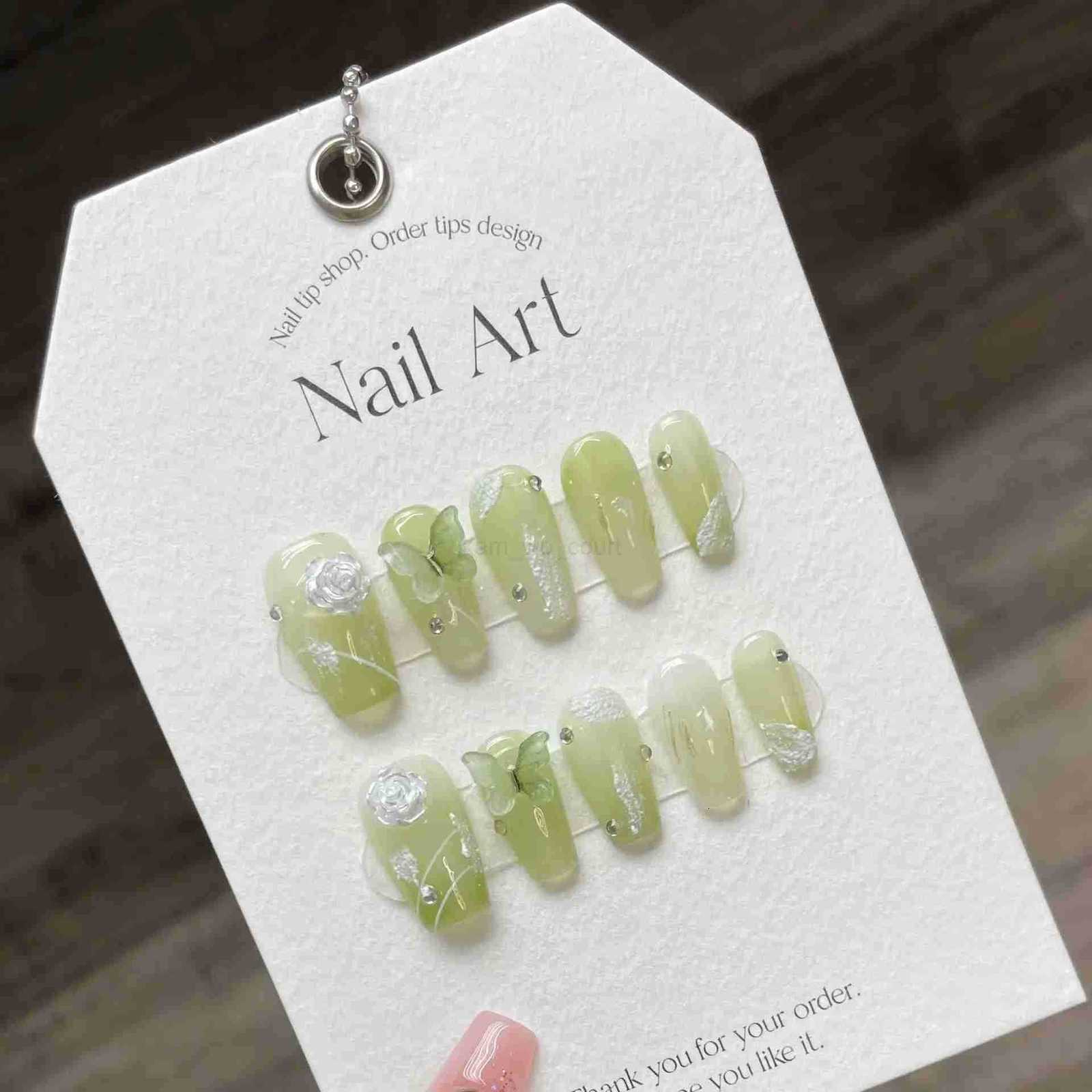 10 pcs Luxury Handmade Press on Nails Short Ballet Green Butterfly Design False Nails with 4-piece Tool Adhesive Nail Glue Tabs M250807