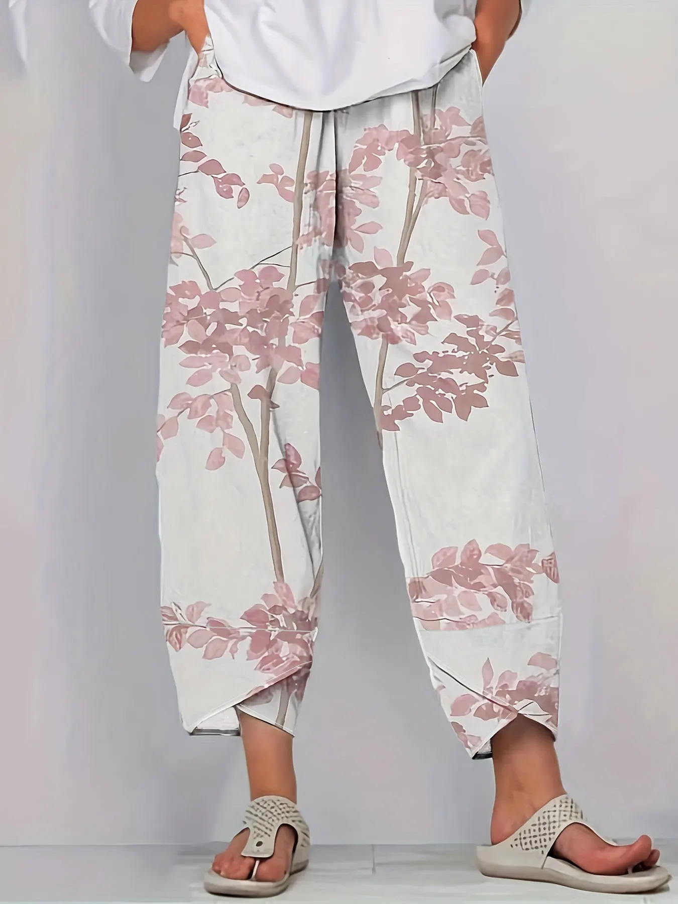 Womens Plus Size Casual Summer Pants Straight Leg Floral Print with Pockets Machine Washable Non Stretch Fabric for Wear 250805