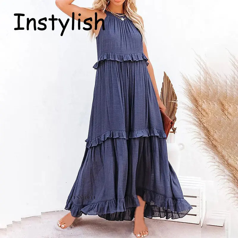 Women Casual Solid Ruffles Long Dress Summer Elegant Sleeveless Sundress Harajuku Maxi Beach Party Evening Vestido 250807