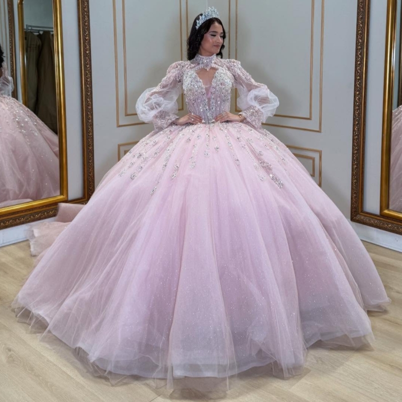 Pink Shiny Quinceanera Dresses Off The Shoulder Beading Crystal Tull Puff Sleeve Ball Gown Vestidos De 15 Anos Sweet 16 Dress